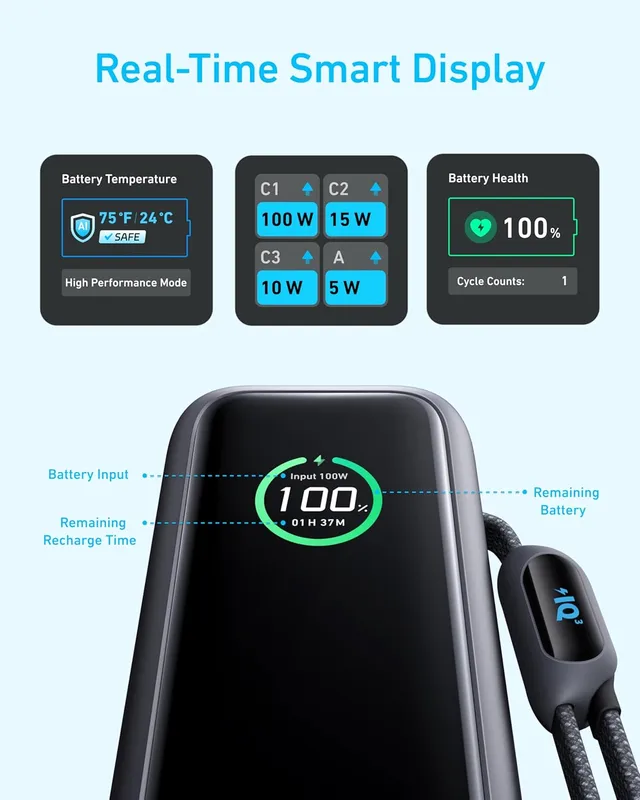 پاوربانک انکر ۲۵۰۰۰ میلی آمپر ۱۶۵ وات Anker Zolo PowerBank 25K 165W Built-In USB-C مدل A1695.7 پاوربانک انکر ۲۵۰۰۰ میلی آمپر ۱۶۵ وات Anker Zolo PowerBank 25K 165W Built-In USB-C مدل A1695 - تصویر 7